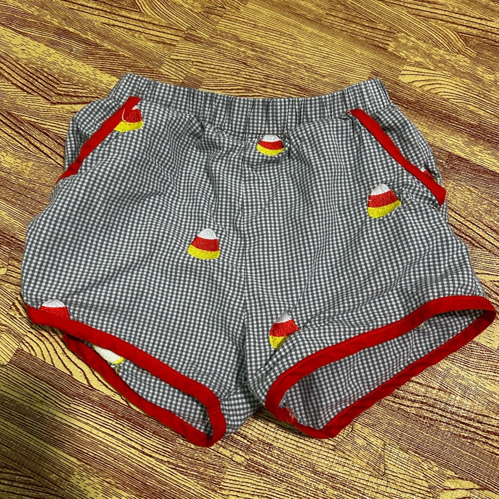Gingham Shorts with Candy Corn Embroidery